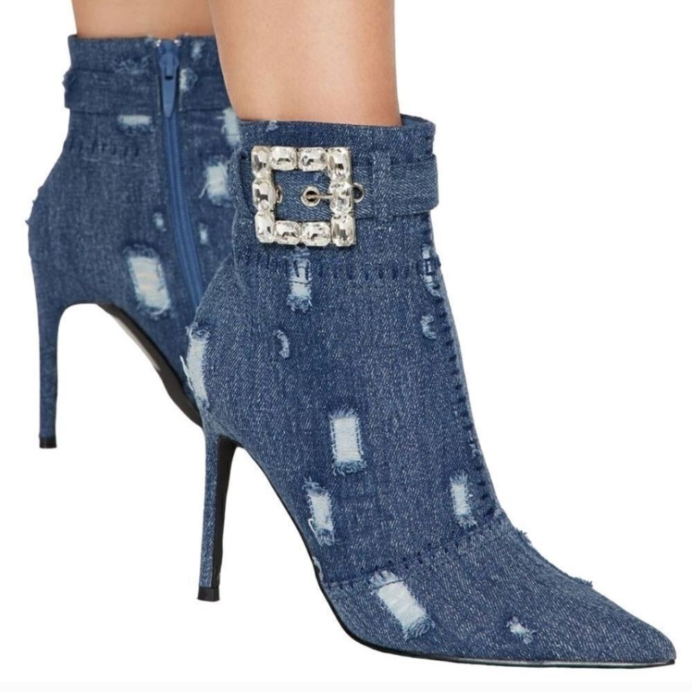 Mata Denim Rhinestone Buckle Ankle Heel Boots -C - Picture 6 of 6